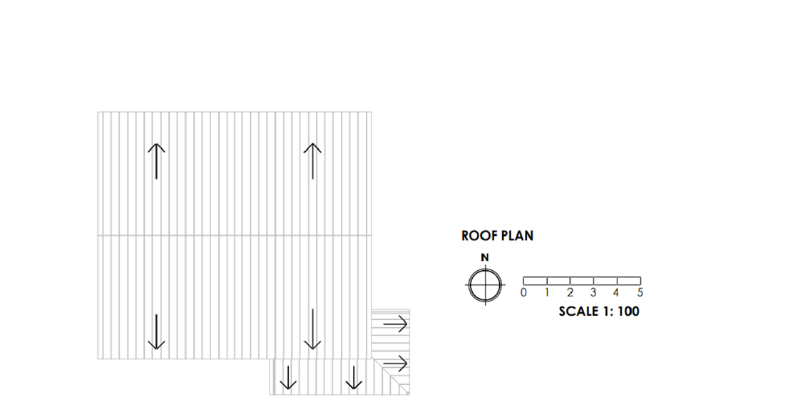 An example of an acceptable proposed roof plan at a scale of 1:100. The plan outlines the shape of the roof. Arrows identify the direction of the roof slopes. The roof of the proposed extension is added to the bottom right. The scale bar is at the bottom of the plan next to the north compass. 