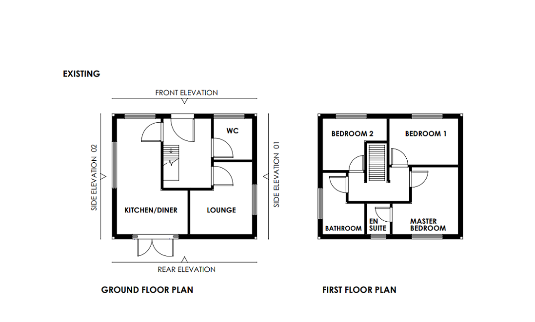 An example of an acceptable existing floor plan at a scale of 1:50 or 1:100. The plan outlines the individual rooms in the house. Doorways, staircases, and windows are identified. The front, rear and side elevations are clearly labelled. 