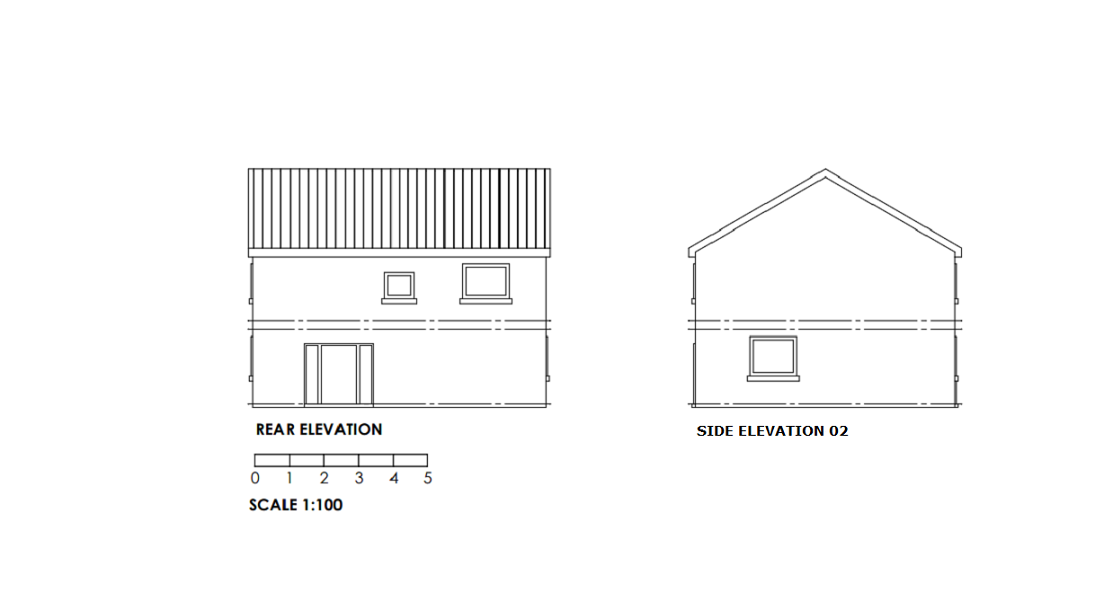 An example of an acceptable existing elevation scale at a scale of 1:100. The plan outlines what the building looks like from the outside. The front, rear and side elevations are labelled underneath. Windows and doors are clearly shown. The floor levels are drawn with dashed horizontal lines. The roof is identified with vertical lines. The scale bar is at the bottom of the plan. Picture two of two. 